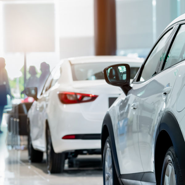 cars parked in a dealership building